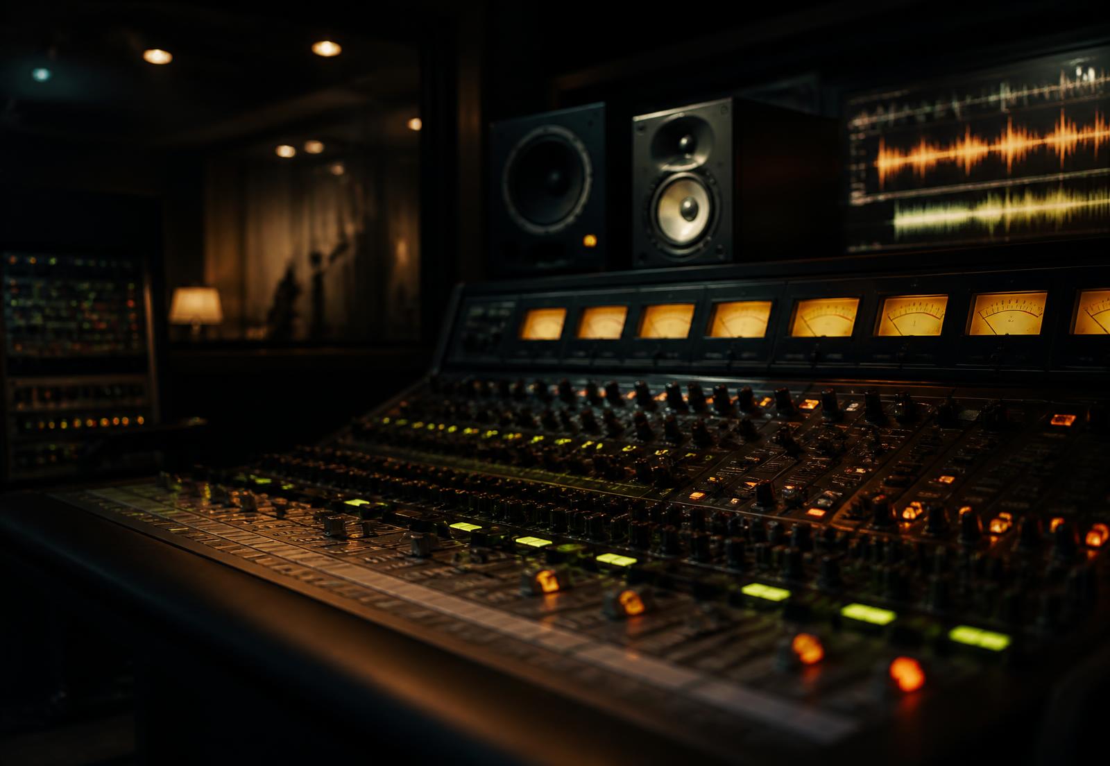 Analog mixing console in a darkened recording studio with glowing VU meters