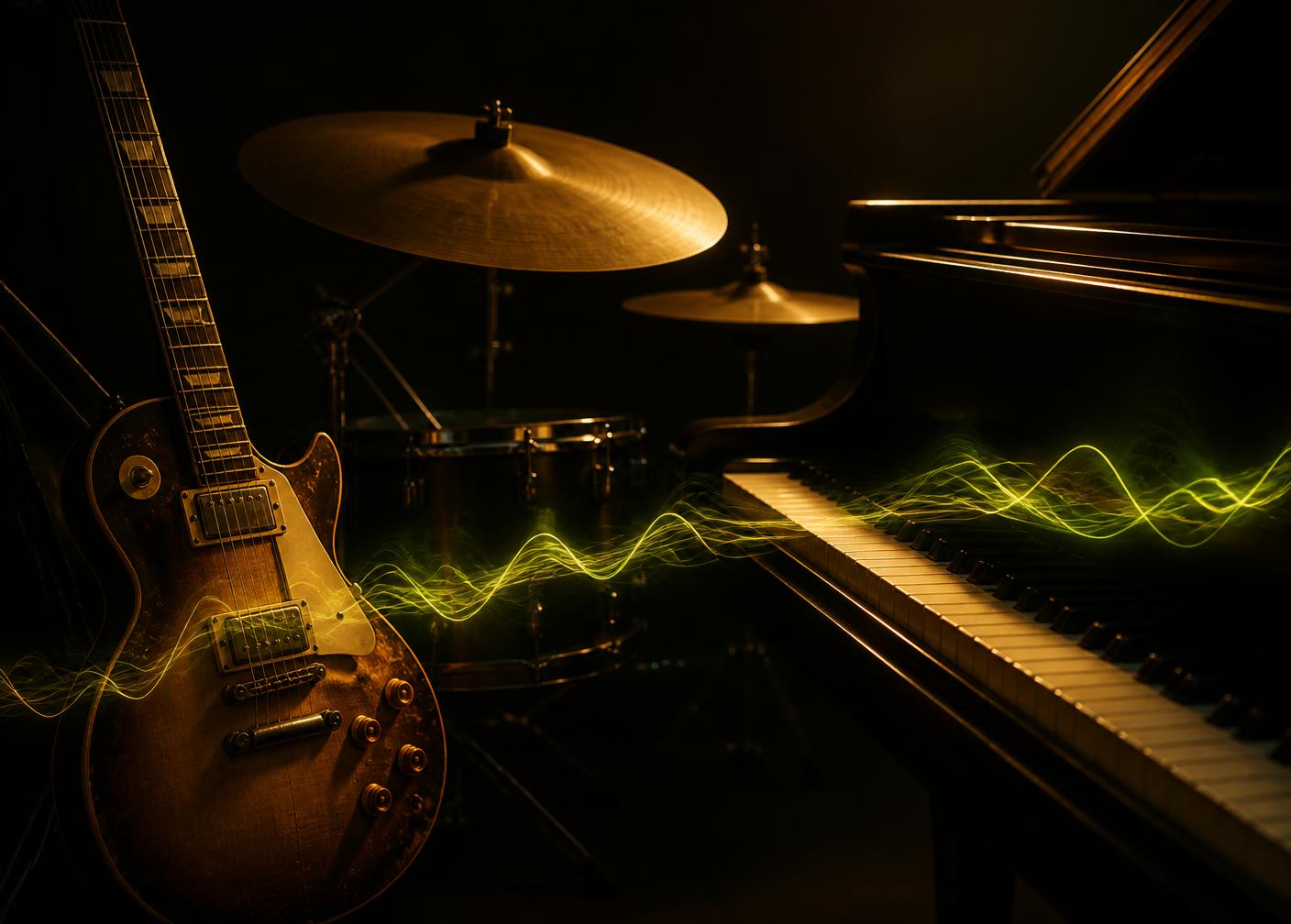 Electric guitar, drum cymbals, and piano keys lit in a dark studio with a waveform light trail